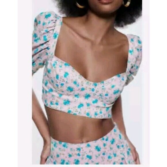 Zara Womens XXL Floral Print Corset Top Smocked Back Puff Sleeves - Picture 1 of 8